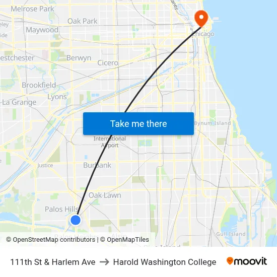 111th St & Harlem Ave to Harold Washington College map