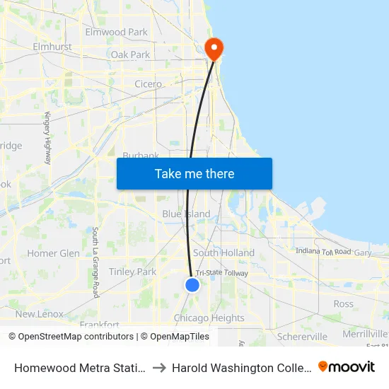 Homewood Metra Station to Harold Washington College map