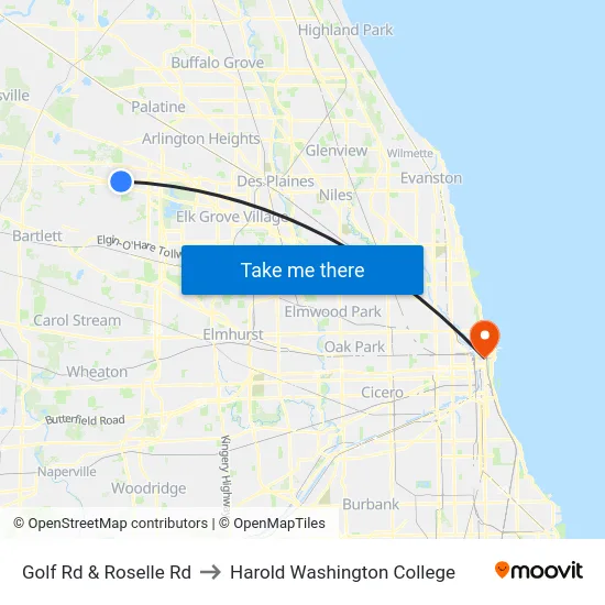 Golf Rd & Roselle Rd to Harold Washington College map