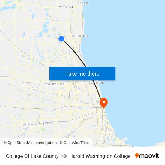 College Of Lake County to Harold Washington College map