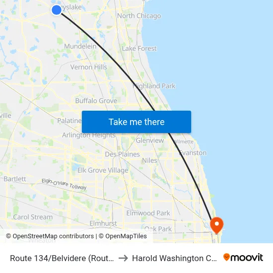 Route 134/Belvidere (Route 120) to Harold Washington College map