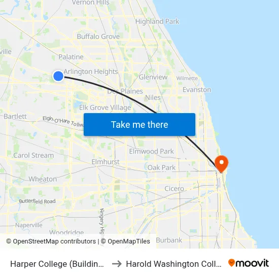 Harper College (Building A) to Harold Washington College map