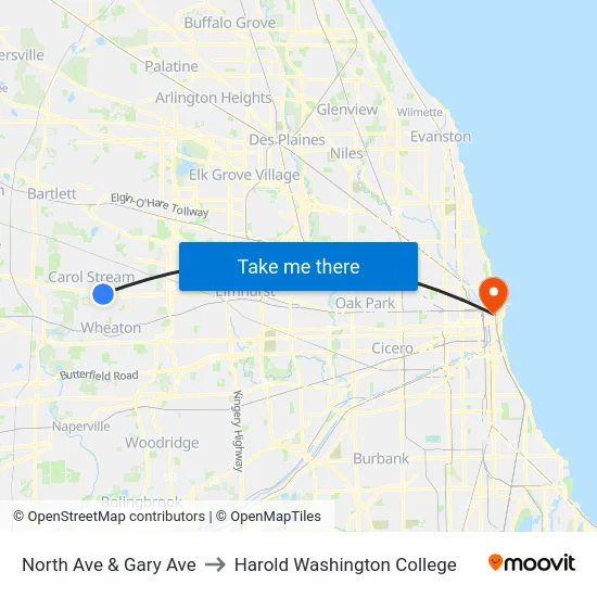 North Ave & Gary Ave to Harold Washington College map