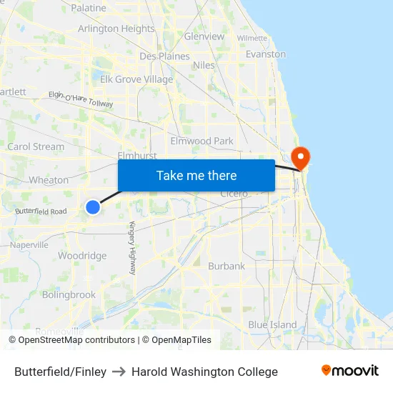 Butterfield/Finley to Harold Washington College map