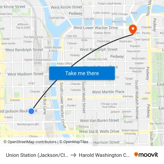 Union Station (Jackson/Clinton) to Harold Washington College map
