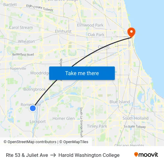 Rte 53 & Juliet Ave to Harold Washington College map