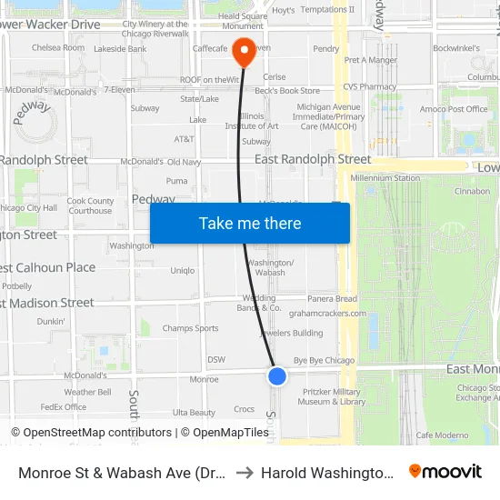 Monroe St & Wabash Ave (Drop Off Only) to Harold Washington College map
