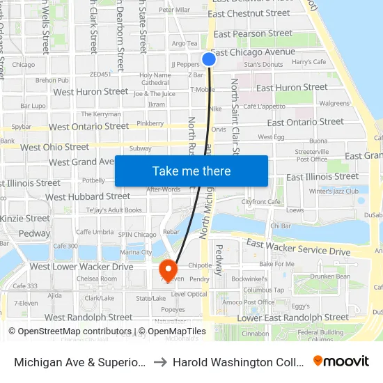 Michigan Ave & Superior St to Harold Washington College map