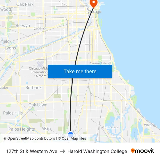 127th St & Western Ave to Harold Washington College map