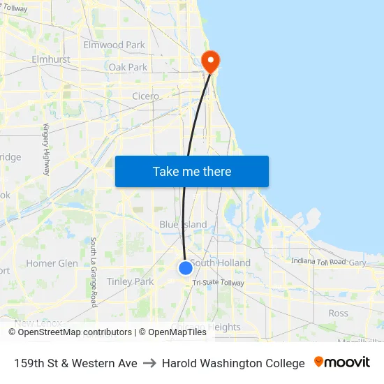 159th St & Western Ave to Harold Washington College map