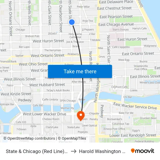 State & Chicago (Red Line) (North) to Harold Washington College map