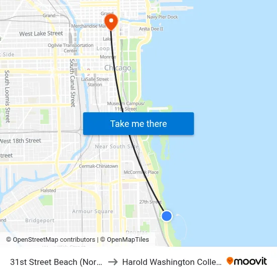 31st Street Beach (North) to Harold Washington College map