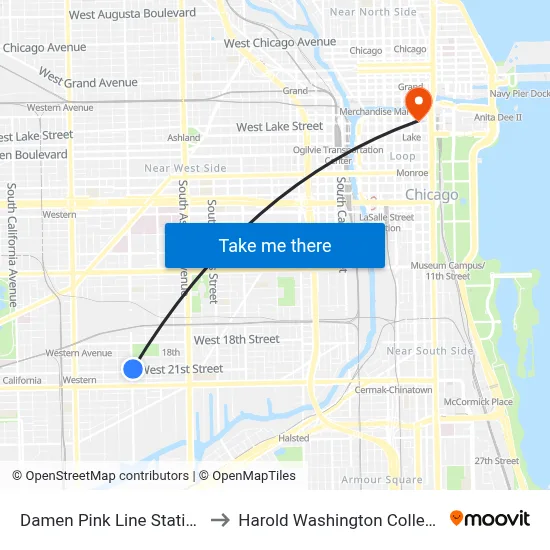 Damen Pink Line Station to Harold Washington College map