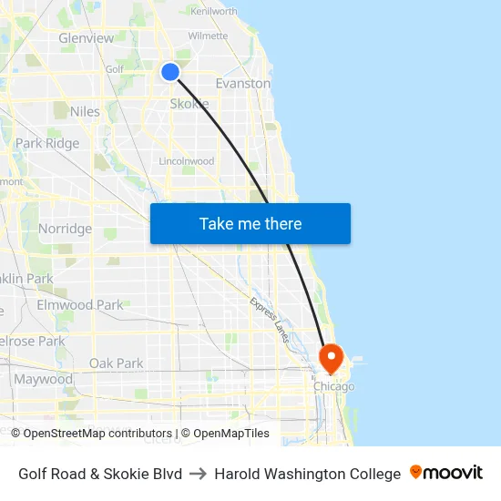 Golf Road & Skokie Blvd to Harold Washington College map