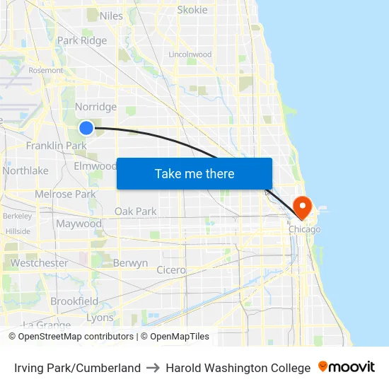 Irving Park/Cumberland to Harold Washington College map