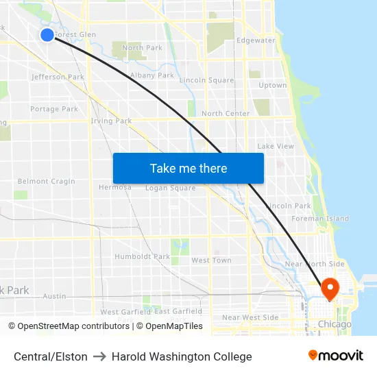 Central/Elston to Harold Washington College map