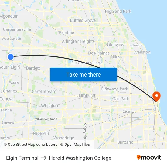 Elgin Terminal to Harold Washington College map
