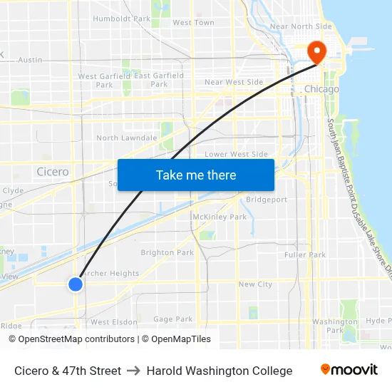 Cicero & 47th Street to Harold Washington College map
