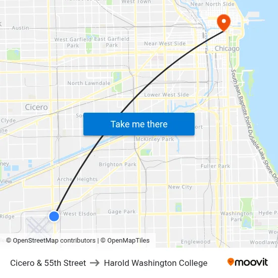 Cicero & 55th Street to Harold Washington College map