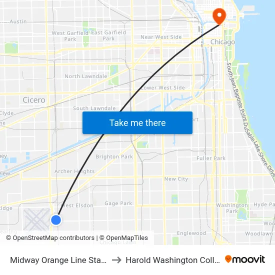 Midway Orange Line Station to Harold Washington College map