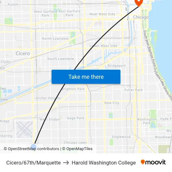 Cicero/67th/Marquette to Harold Washington College map