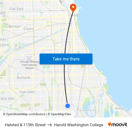 Halsted & 115th Street to Harold Washington College map