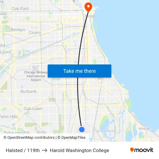 Halsted / 119th to Harold Washington College map