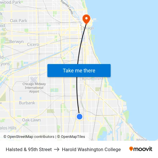 Halsted & 95th Street to Harold Washington College map