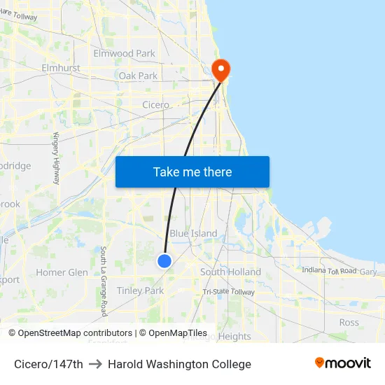 Cicero/147th to Harold Washington College map