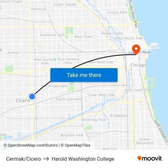 Cermak/Cicero to Harold Washington College map