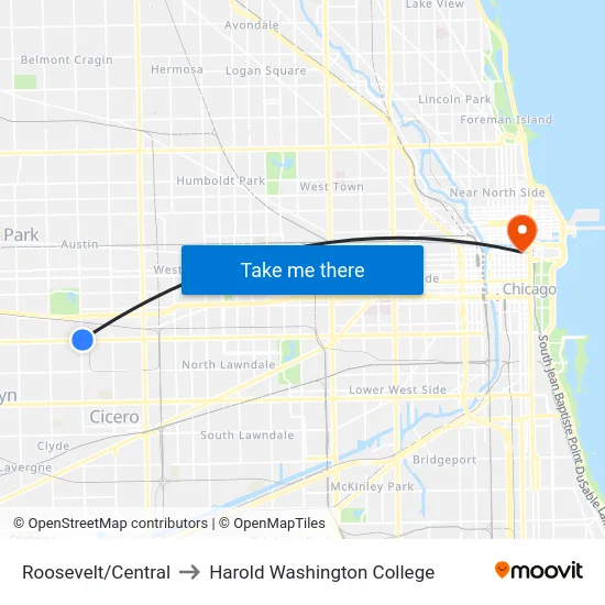 Roosevelt/Central to Harold Washington College map