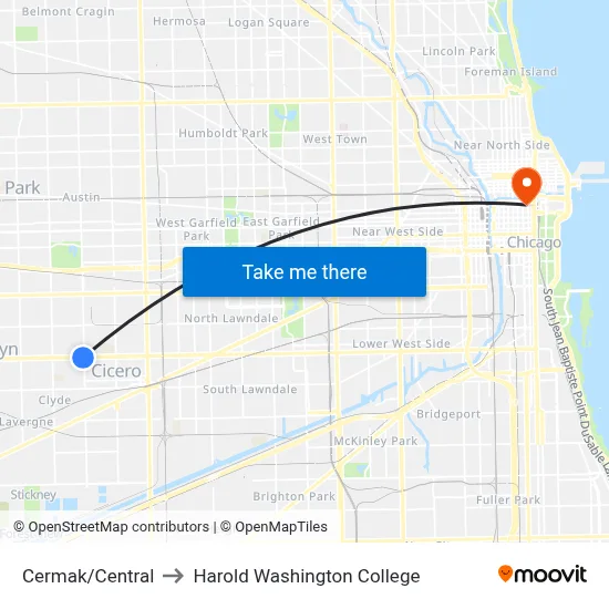 Cermak/Central to Harold Washington College map