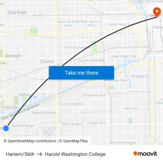 Harlem/56th to Harold Washington College map