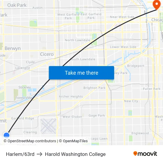 Harlem/63rd to Harold Washington College map