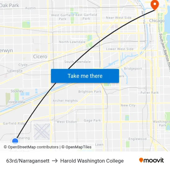 63rd/Narragansett to Harold Washington College map