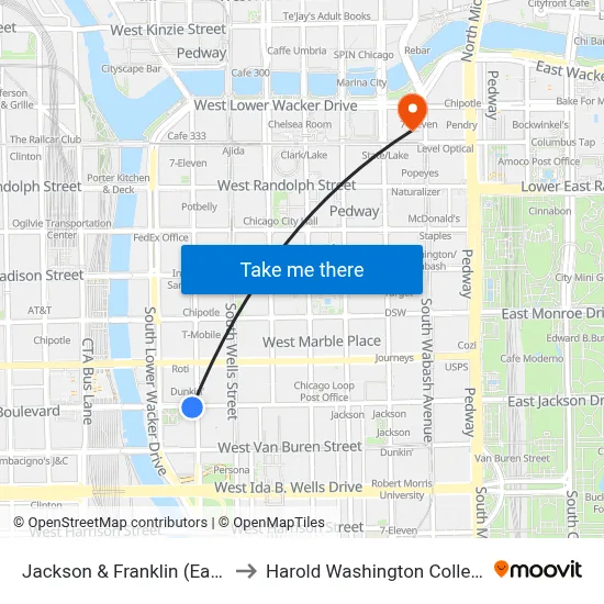 Jackson & Franklin (East) to Harold Washington College map