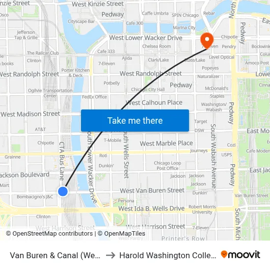 Van Buren & Canal (West) to Harold Washington College map