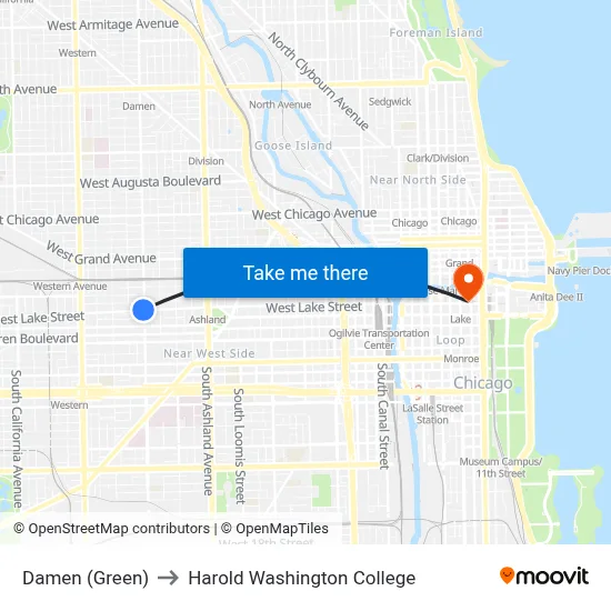 Damen (Green) to Harold Washington College map