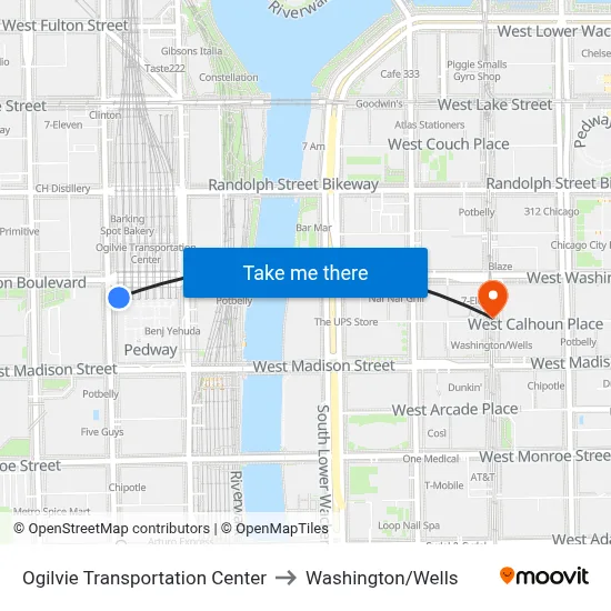 Ogilvie Transportation Center to Washington/Wells map