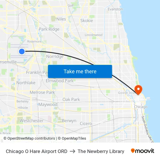 Chicago O Hare Airport ORD to The Newberry Library map