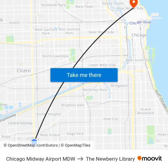 Chicago Midway Airport MDW to The Newberry Library map