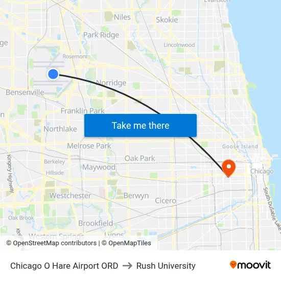 Chicago O Hare Airport ORD to Rush University map