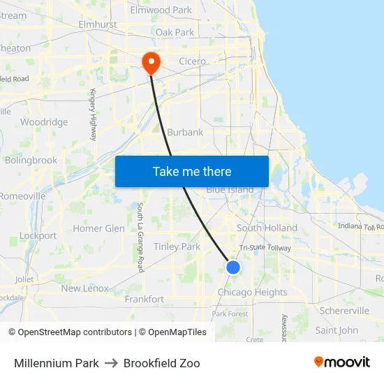 Millennium Park to Brookfield Zoo map