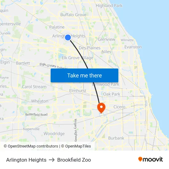 Arlington Heights to Brookfield Zoo map
