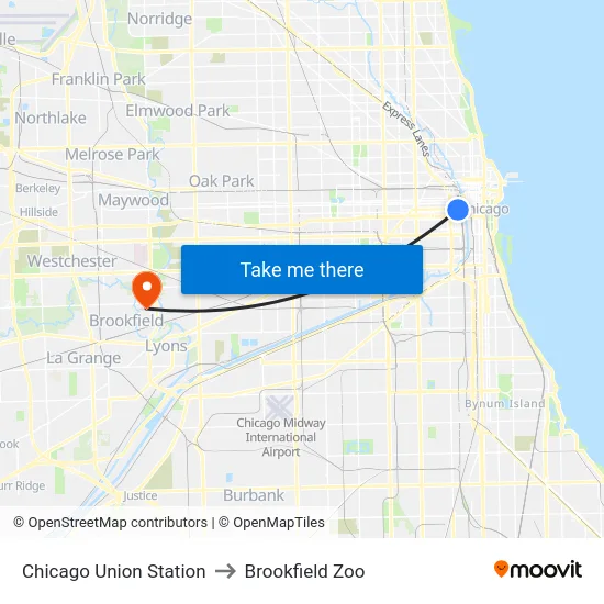 Chicago Union Station to Brookfield Zoo map