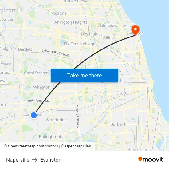 Naperville to Evanston map