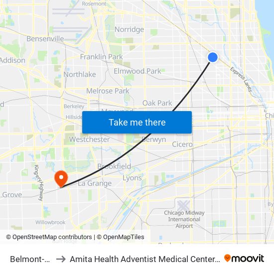Belmont-Blue to Amita Health Adventist Medical Center, Hinsdale map