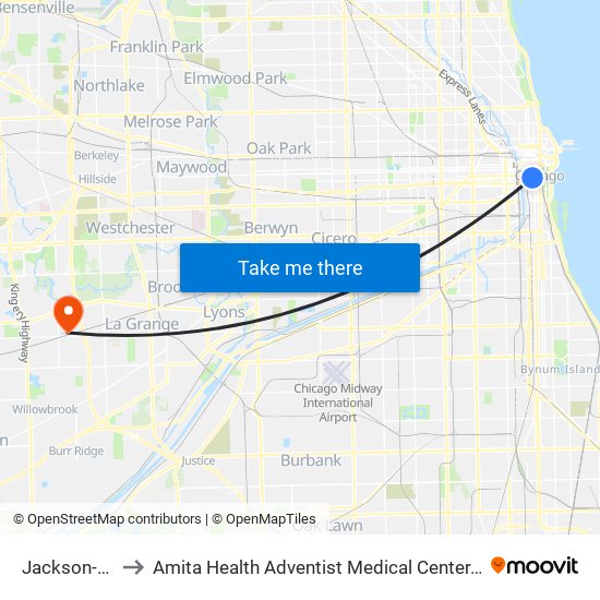 Jackson-Blue to Amita Health Adventist Medical Center, Hinsdale map