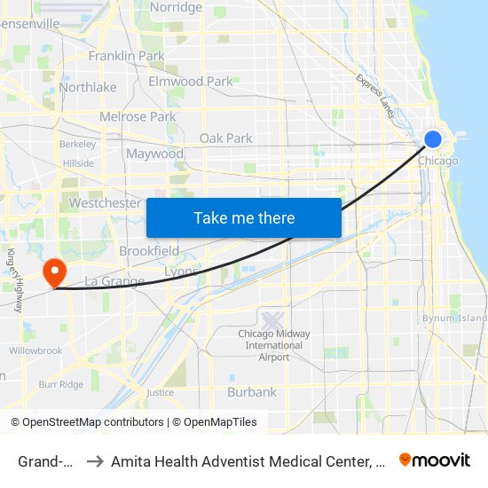 Grand-Red to Amita Health Adventist Medical Center, Hinsdale map