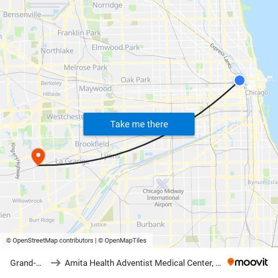 Grand-Blue to Amita Health Adventist Medical Center, Hinsdale map